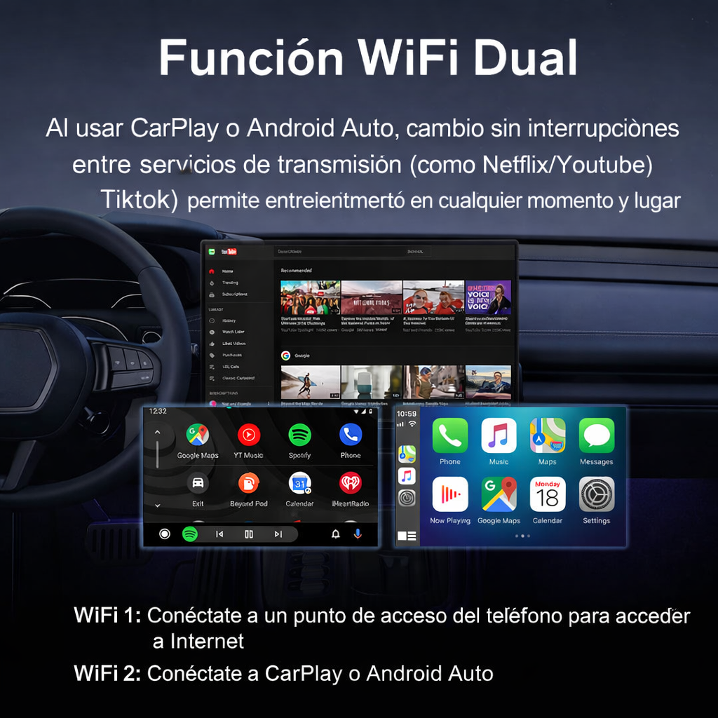 Adaptador CarPlay Inalámbrico – Con YouTube y Netflix