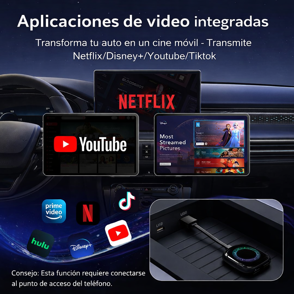 Adaptador CarPlay Inalámbrico – Con YouTube y Netflix